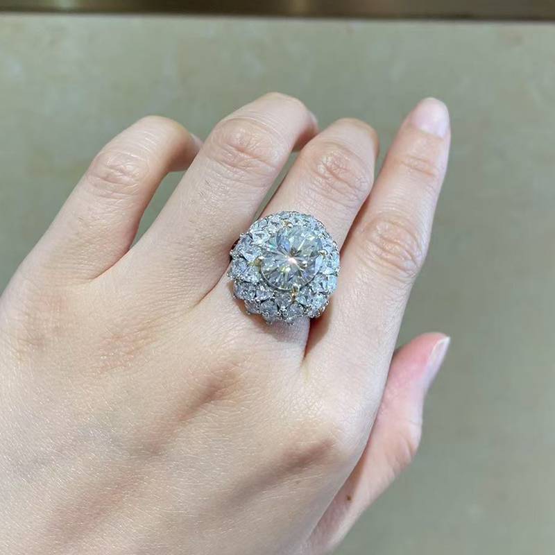 蛋形Women's RingS925银镀白金+K黄定制选款主石Moissanite6.0ct/副石高碳钻